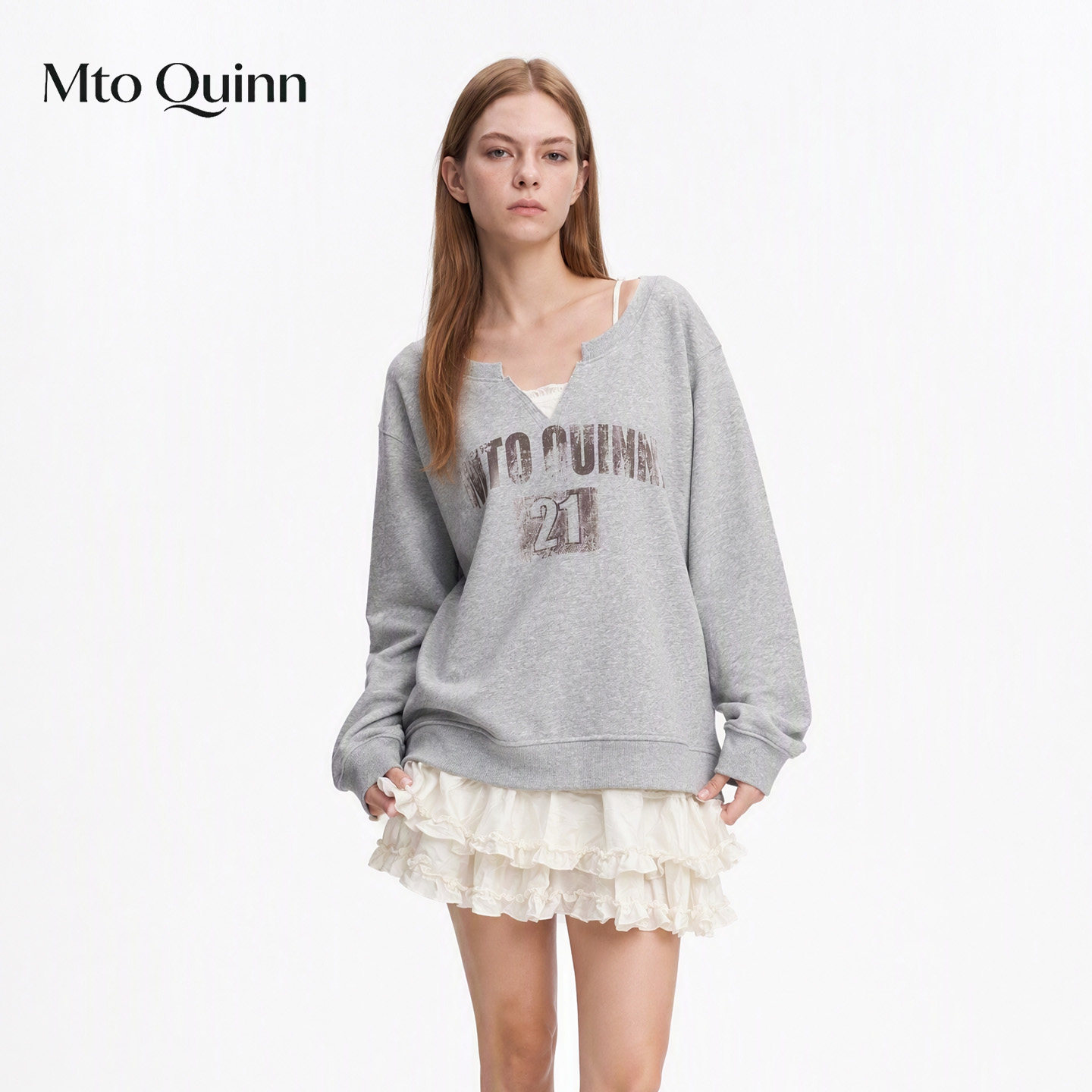 MTO QUINN26AW长袖卫衣连衣裙宽松字母印花休闲套头女装V领日常