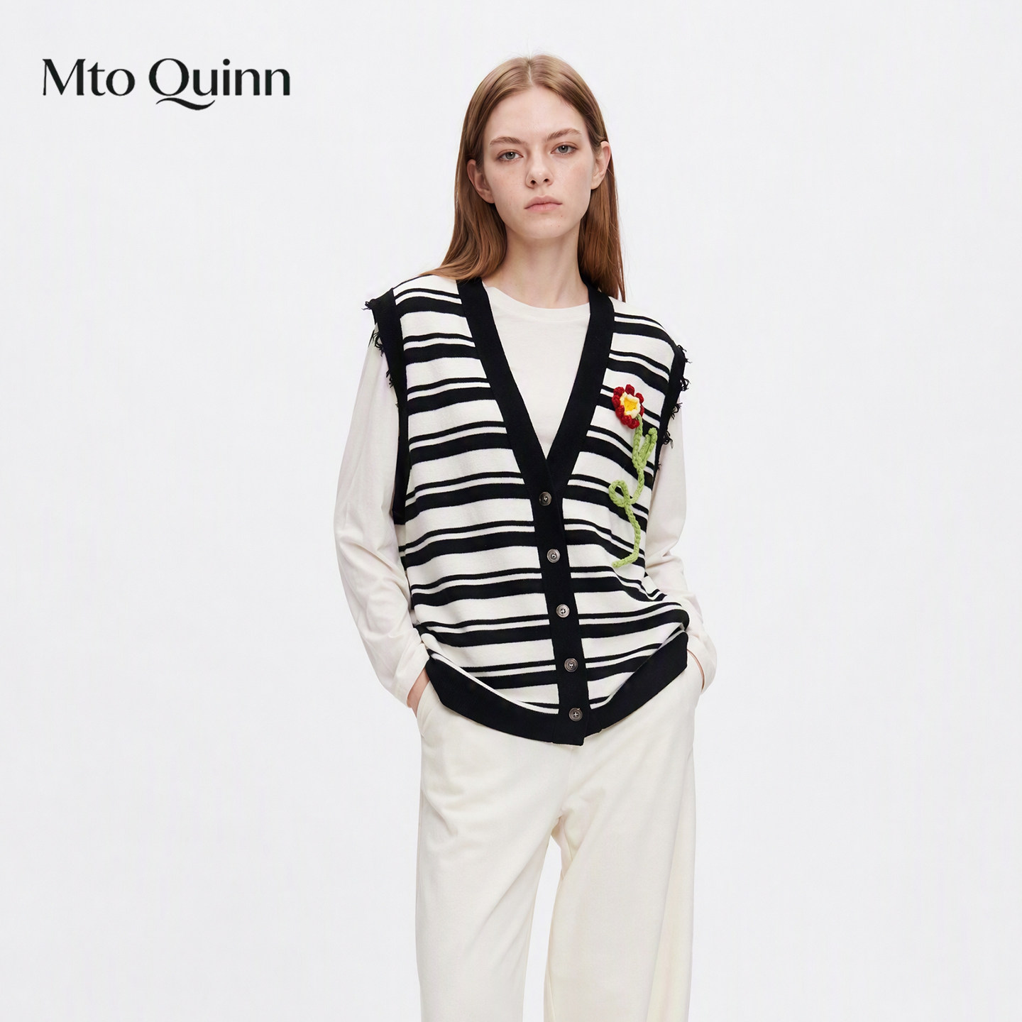 MTO QUINN黑白条纹毛织马甲羊毛开衫女式马夹背心无袖针织衫女装