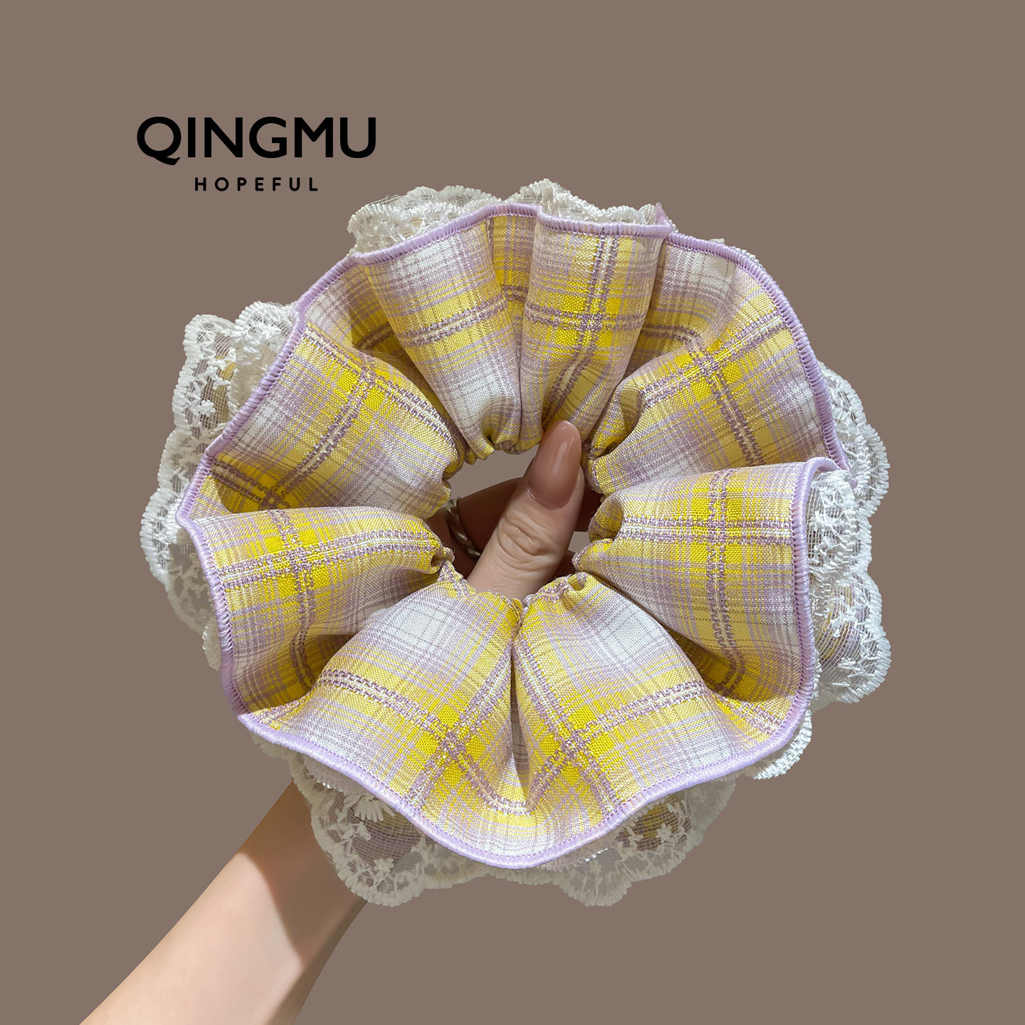 韩系紫黄色格纹四层蕾丝花边大肠发圈甜美小众扎发头绳丸子头发饰,饰品/流行首饰/时尚饰品新,发饰,淘宝优惠券,粉丝福利购,淘宝优惠卷