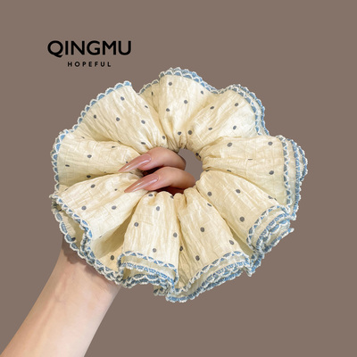 可爱蓝色波点四层大肠发圈女韩系通勤风扎低马尾发绳丸子头花发饰