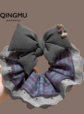 韩国复古灰色蝴蝶结格纹大肠发圈高级感大号发绳丸子头花马尾发饰