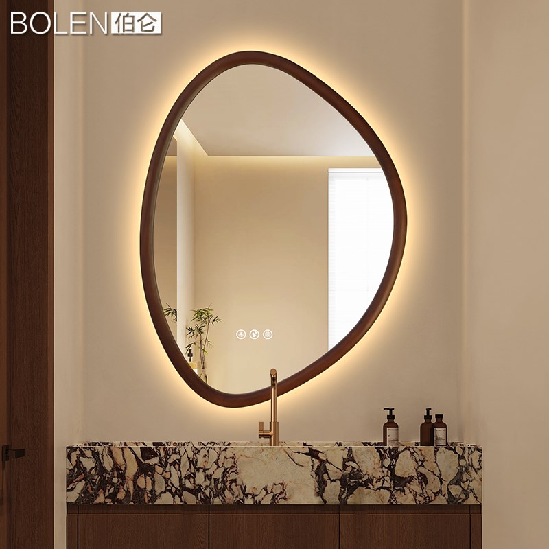 BOLEN侘寂风实木边框斗柜镜子中古风智能浴室镜LED带灯玄关装饰镜