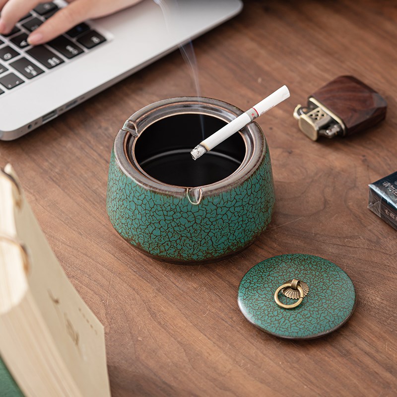 【绿釉】创意陶瓷带盖烟灰缸家用客厅茶桌茶几办公室防风防飞灰