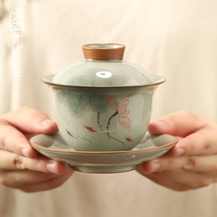 大容量泡茶碗防烫冲茶碗 釉下彩手绘文创陶瓷三才盖碗功夫茶具中式