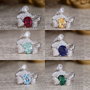 式 女戒 不规格设计椭圆7×9mm培育红宝戒指银镀金多款 S925纯银时尚