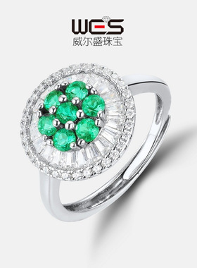 威尔盛珠宝跨境新品S925银可调节培育祖母绿戒指一件代发宝石手饰