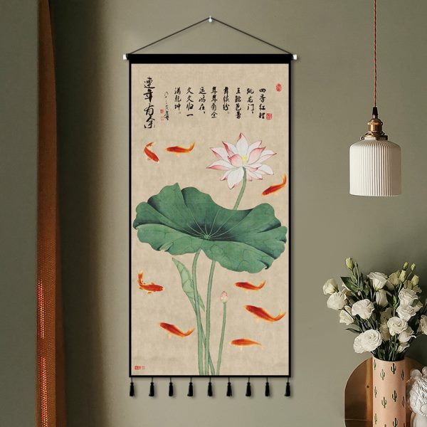 中式荷花布艺挂画挂布背景布中国风禅意挂毯墙上卧室客厅玄关装饰图片