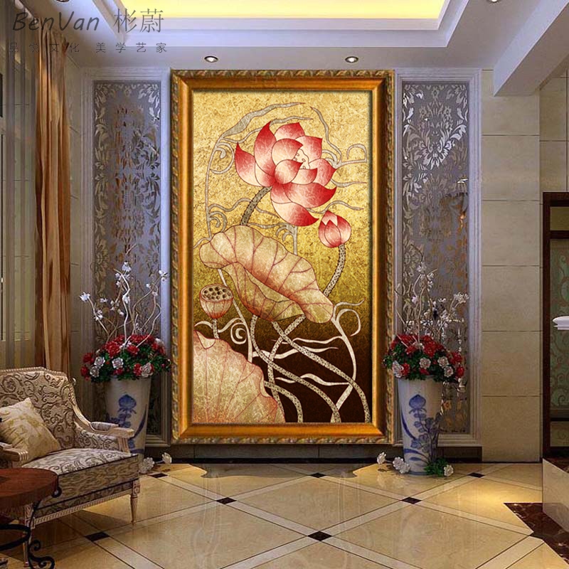 网红荷花装饰画走廊过道q欧式画入门画竖版东南亚玄关客厅新款挂图片
