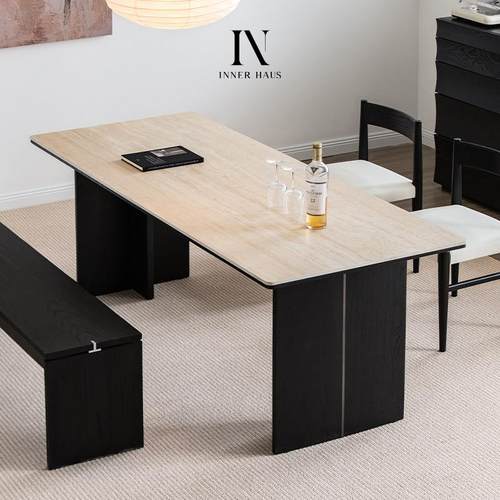 意式极简洞石岩板餐桌家用小户型饭桌子黑色复古实木中古风工作台