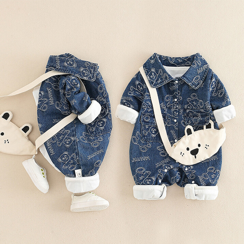 网红婴儿牛仔外套连体衣春秋超洋气男女宝宝衣服外出超萌套装春季
