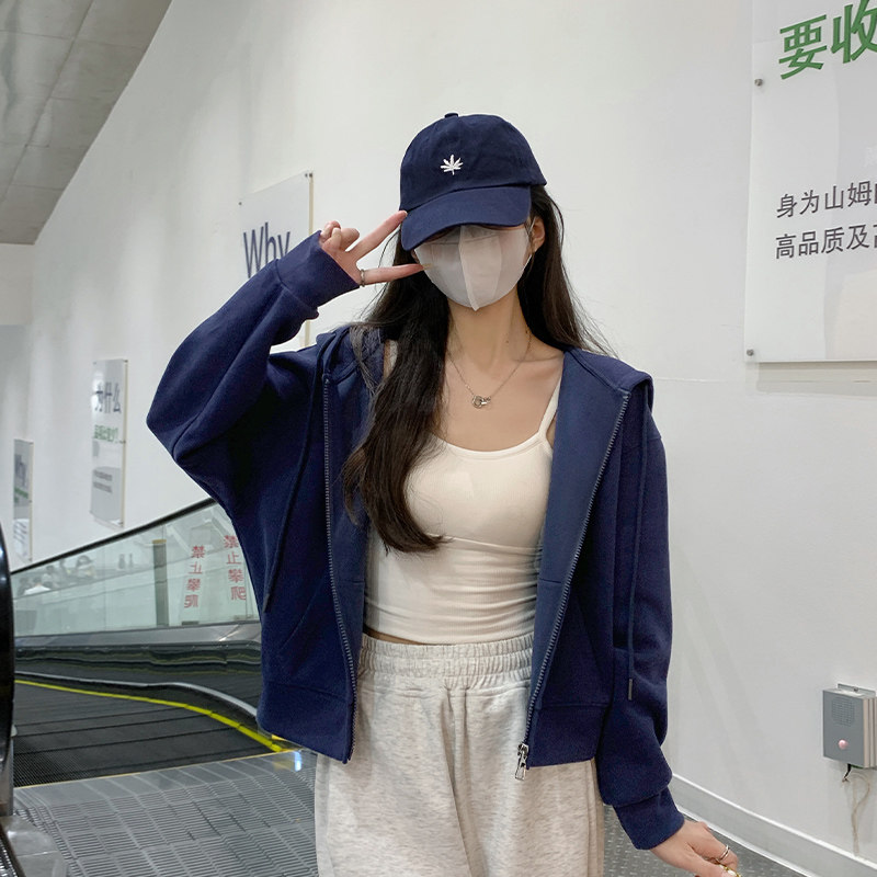 开衫连帽卫衣女款2025新款春秋冬小个子藏青色爆款加绒短款厚外套
