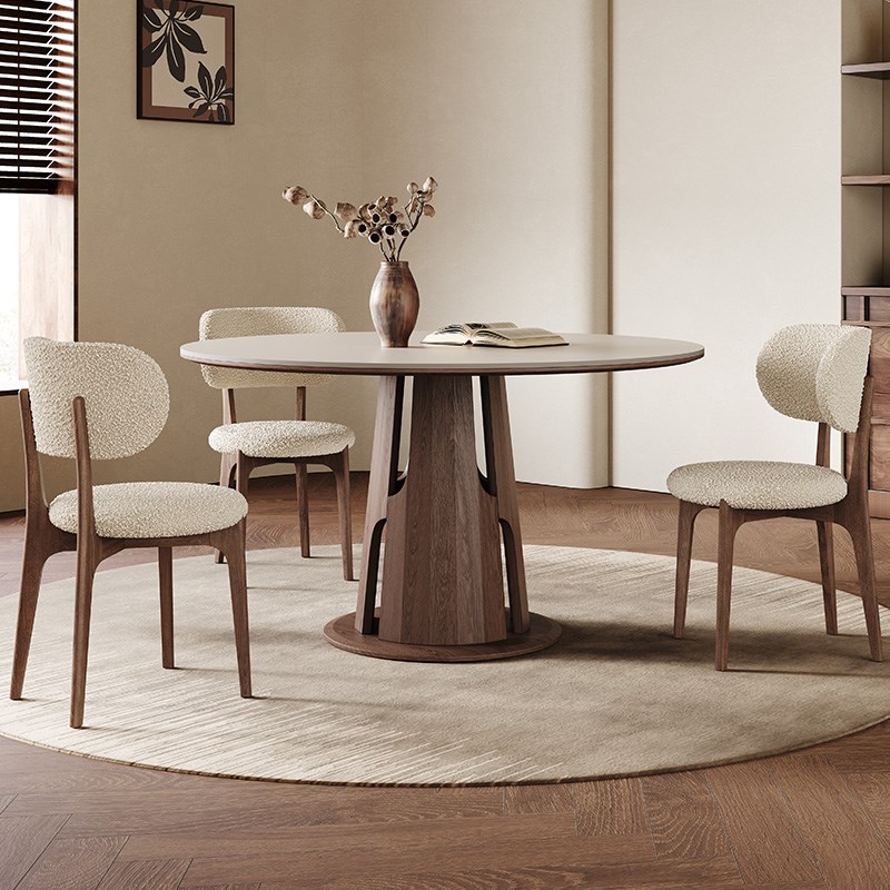 中古风实木餐桌圆形客厅白蜡木家用小户型法式复古纯白岩板餐桌