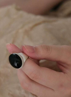 青岛出口椭圆复古手磨黑玛瑙镀银戒指中古质感简约高级感开口戒指