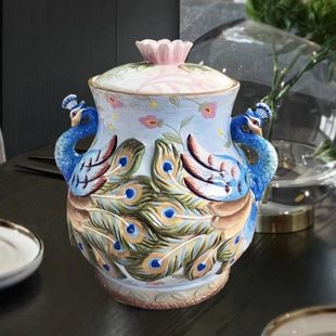 饰摆设 方亚陶瓷琴瑟和鸣吉祥孔雀储物罐密封罐茶叶罐家居桌面架装