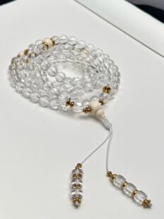 天然白水晶佛珠双a等级9mm左右珠径配猛犸象牙念珠108念珠手持