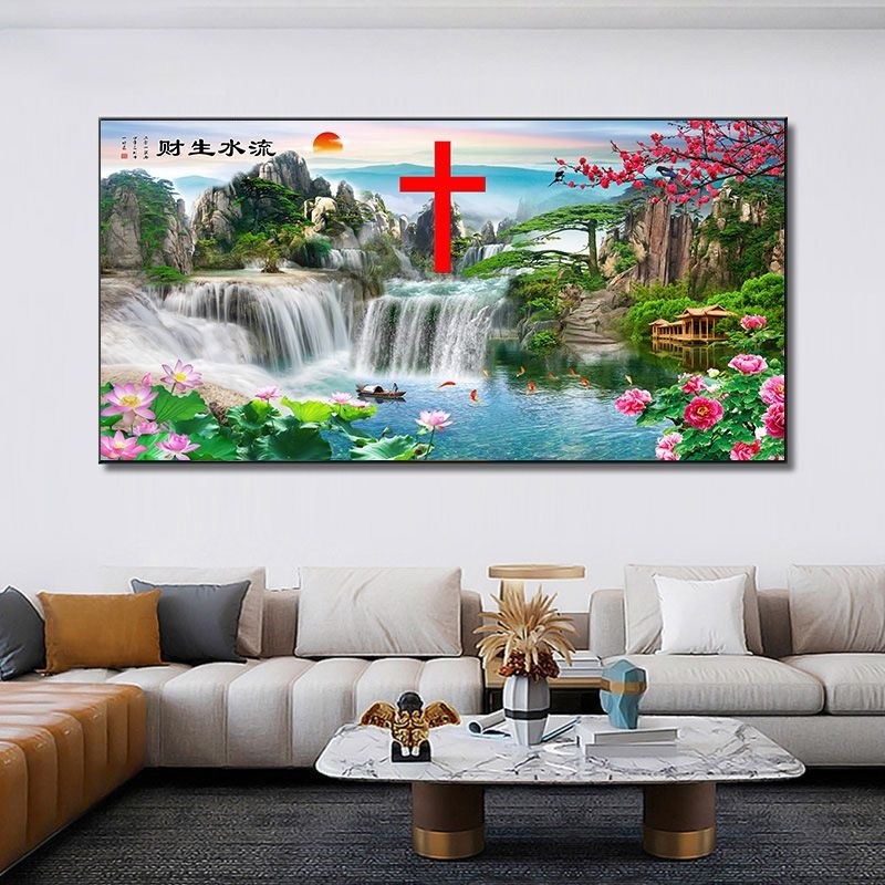 现代简约十字架挂墙画客厅风景装饰画卧室餐厅玄关挂画高档晶瓷画