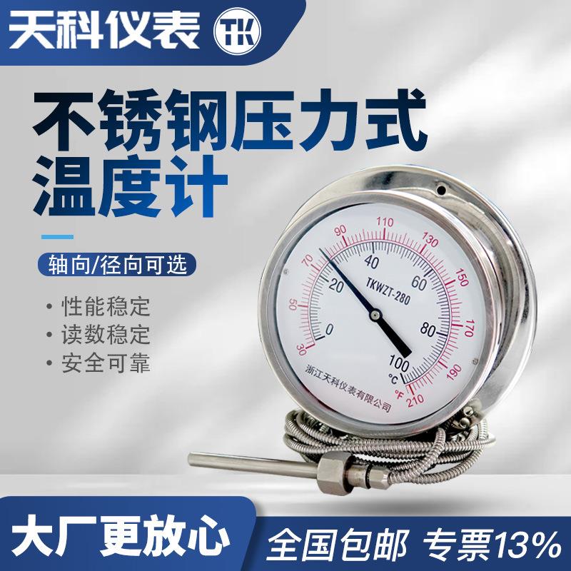 不锈钢压力式温度计WTZ-280轴向带边型远传温度表毛细管304锅炉