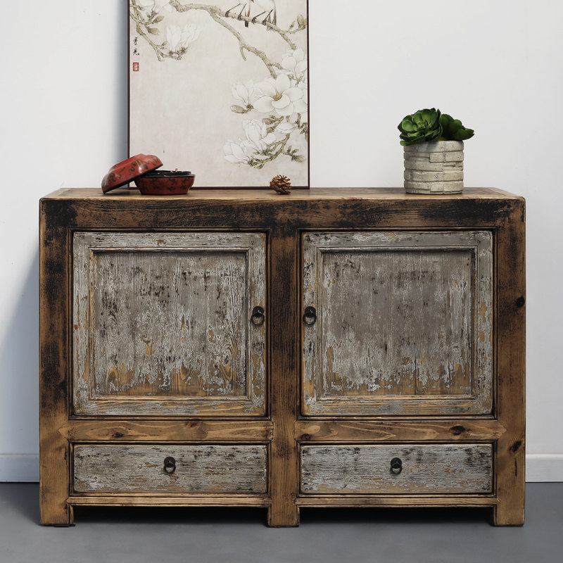 古朴实木两门餐边柜复古中式做旧玄关柜松木储物柜子鞋柜民宿家具