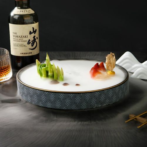 明月黑金干冰盘意境烟雾商用摆盘海鲜寿司刺身冰盘陶瓷酒店餐具
