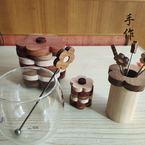 卯木实木手作搅拌棒咖啡勺子搅拌勺调酒棒不锈钢长柄加长可爱花朵