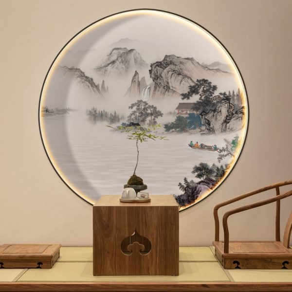 新中式背景墙壁纸圆形画芯3d装饰画入户玄关山水画禅意茶室水墨画