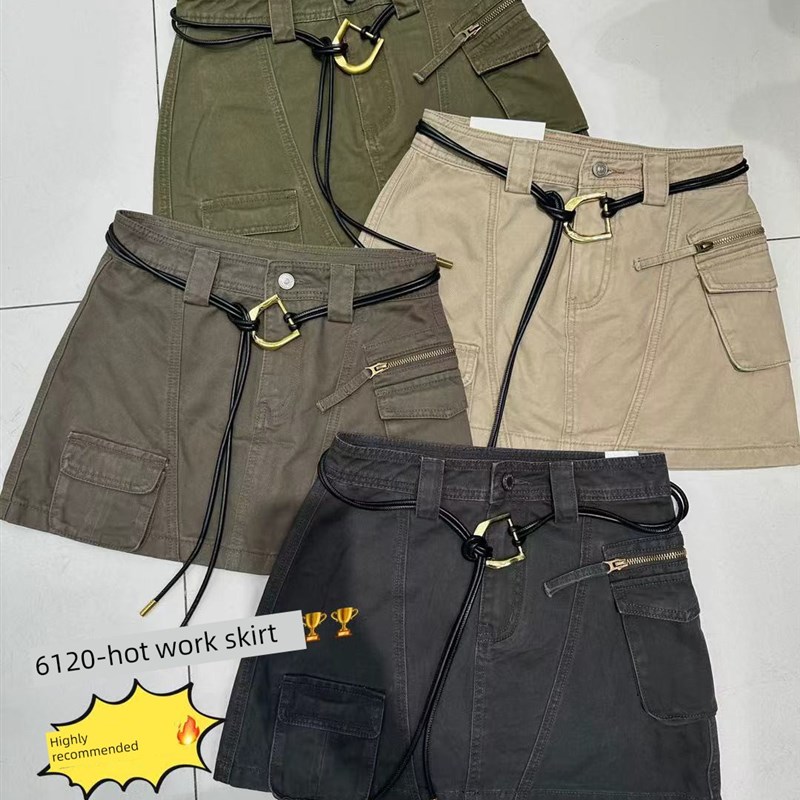 千千复古工装风格裙女士夏季新款高腰牛仔a字裙休闲短裙6120