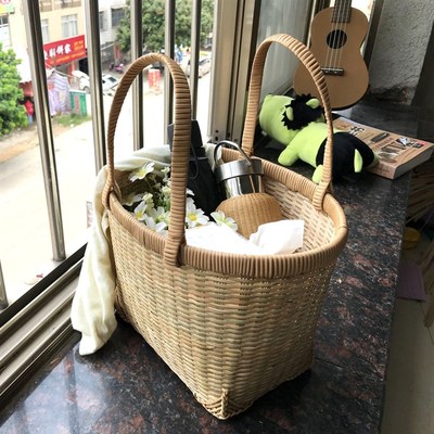 爱编竹制品竹篮藤编手提收纳篮超市买菜家用购物篮野餐提手菜篮