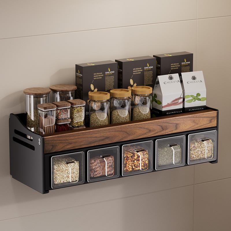胡桃木厨房多功能置物架免打孔壁挂式墙上调料架调味品罐收纳架子