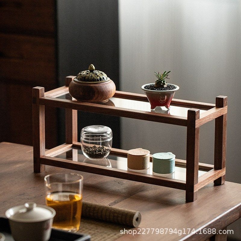 黑胡桃玻璃置物架实木茶具茶壶收纳架桌面小型茶台多宝阁