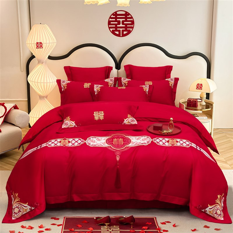 100支长绒棉轻奢刺绣婚庆四件套床上用品结婚四件套红色床单被套