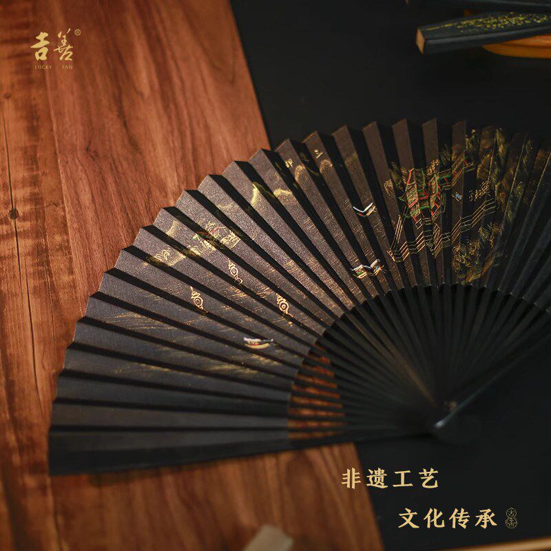 吉善扇子 8寸折扇双面真丝扇男式扇出国礼品扇泥金手绘扇丝绸扇