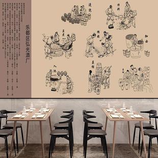 传统中式酿酒文化壁纸酒坊酒厂白酒纯酿工艺墙纸长幅大型壁画定制