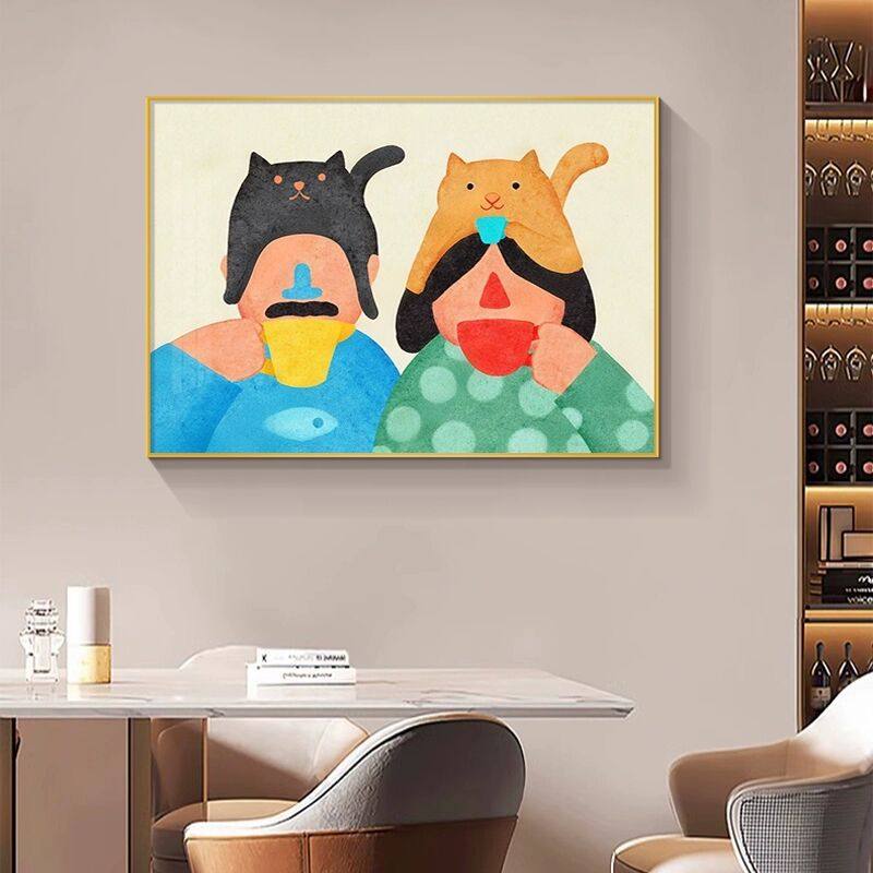 北欧风餐厅装饰画多巴胺小众艺术饭厅挂画情侣卡通餐桌背景墙挂画