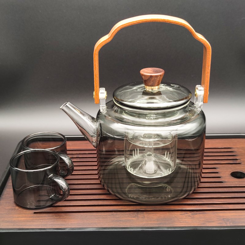 炭火围炉煮茶提梁壶玻璃茶壶胡桃木茶壶电陶炉煮茶壶蒸煮一体茶壶
