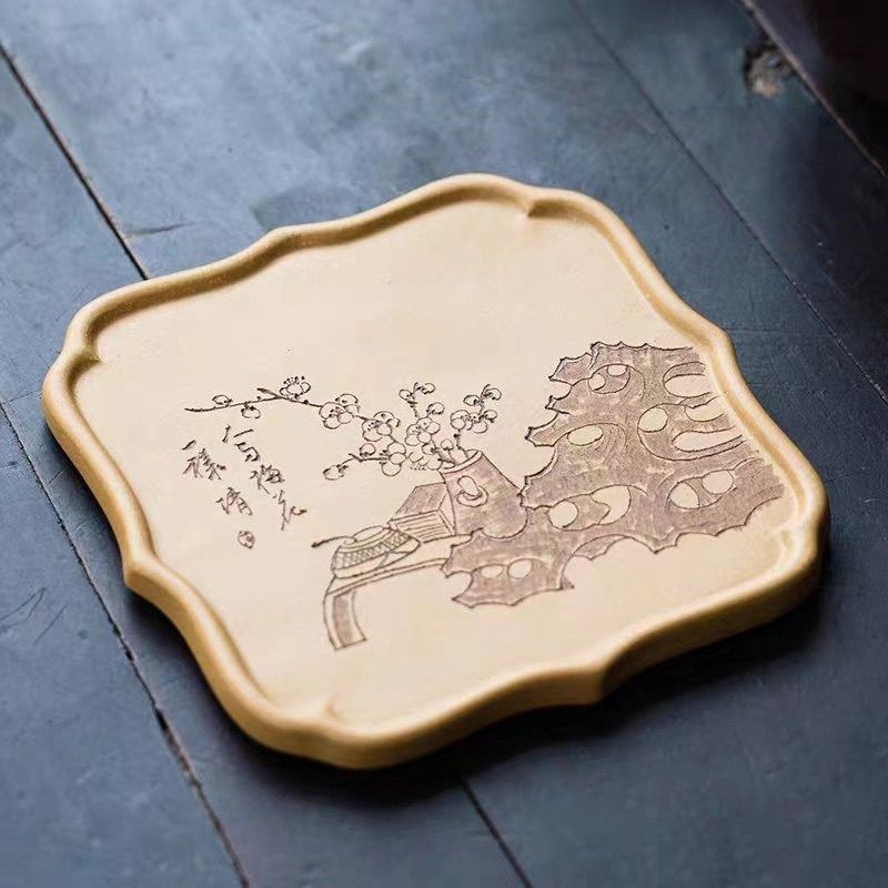 宜兴紫砂干泡台纯全手工名家刻绘家用紫砂茶盘壶承茶道配件礼精品