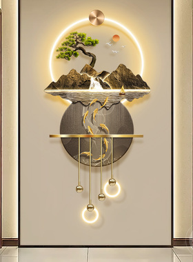 新入户玄关装饰画发光壁灯画山水迎客松走廊过道挂画