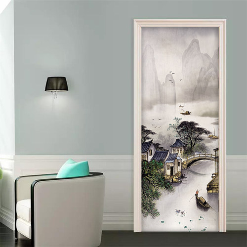 山水门贴画整张自粘装饰卧室木门全包厕所玻璃移门防水贴纸