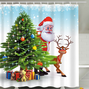 圣诞贺卡数码印花浴室窗帘布防水防霉沐浴帘涤纶窗帘门帘定制