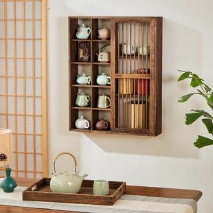 茶具茶杯架壁挂博古架多宝阁展示置物架格子架茶壶收纳柜 实木中式