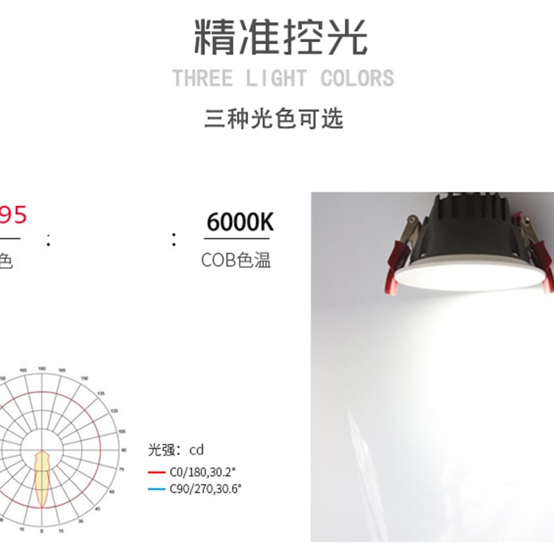 科锐防眩光cob筒灯嵌入式led射灯2.5寸5w6寸8寸16公分商用孔洞灯