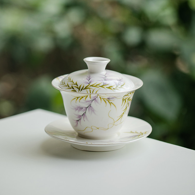 拓土纯手绘紫藤描银盖碗才茶碗功夫茶具烫手泡茶器