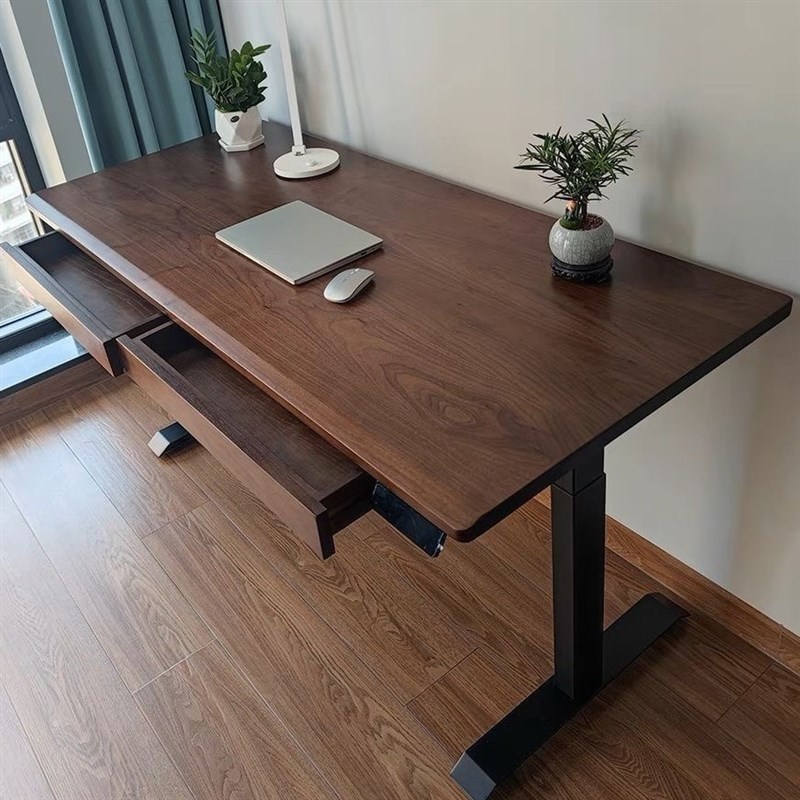 实木升降桌学习抽屉书桌办公电竞桌子实木桌面面板电脑桌