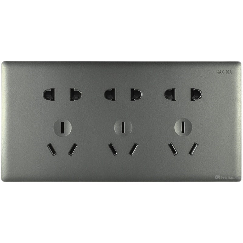 飞雕家用暗装黑灰色118型开关插座大面板3位3插5孔15孔9孔4插12孔