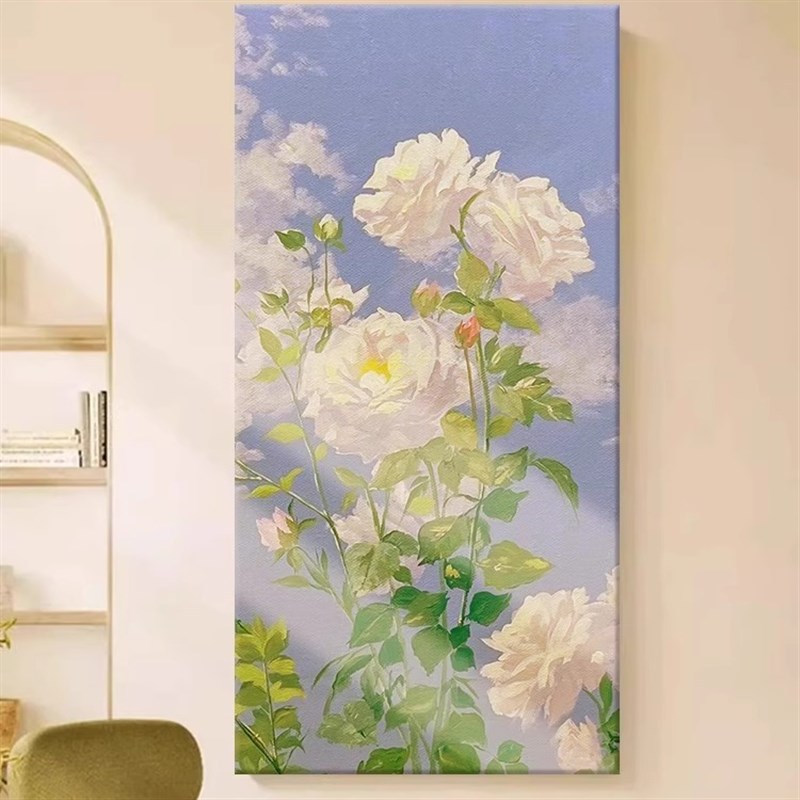 手绘油画牡丹花入户玄关装饰画花开富贵治愈花卉大幅竖版客厅挂画图片