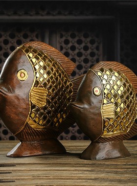 泰国工艺品实木雕刻富贵吉祥锦鲤玄关摆件客厅电视柜东南亚装饰品