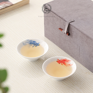 手绘锦鲤鱼茶杯斗笠杯白瓷主人杯情侣对杯个人专用单杯品茗杯茶碗