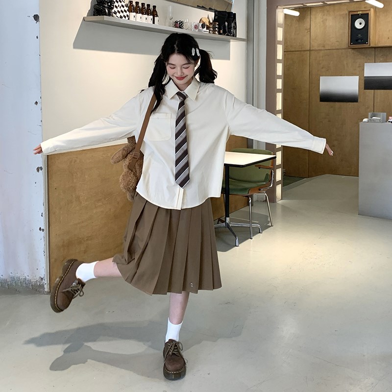 东京岁时记jk制服秋季套装奶黄色长袖衬衫卡其色百褶裙甜美两件套