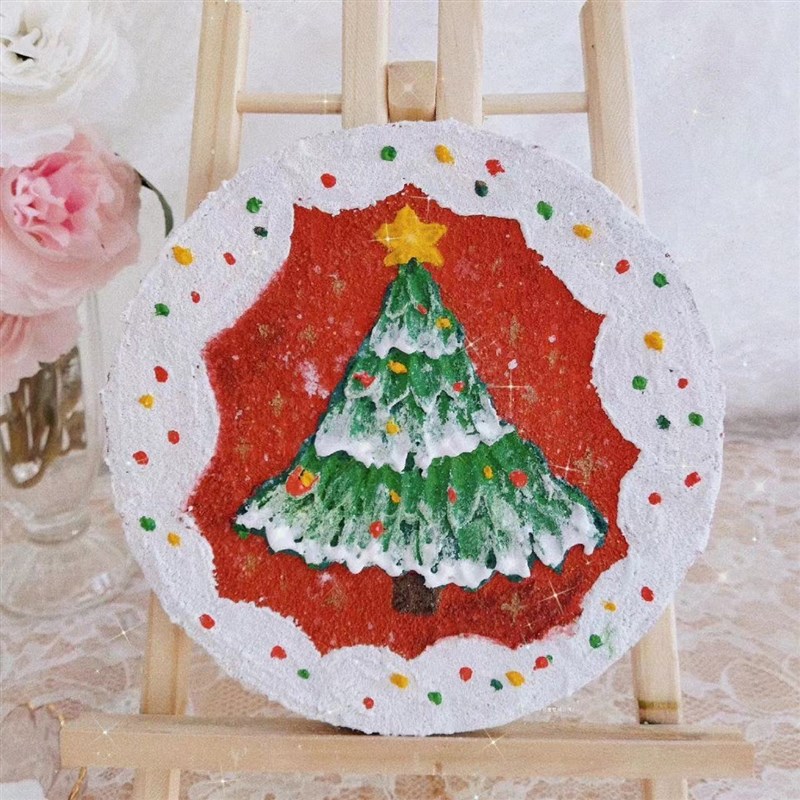 圣诞节diy肌理画材料圆形画板手工填充丙烯石英砂圣诞树装饰挂画图片