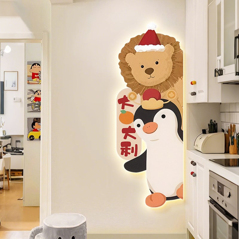 奶油风儿童房装饰画带灯画客厅壁画入户玄关过道壁灯走廊尽头挂画