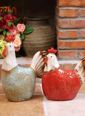 美式田园彩色鸡陶瓷釉面摆件  橱柜摆件庭院摆件